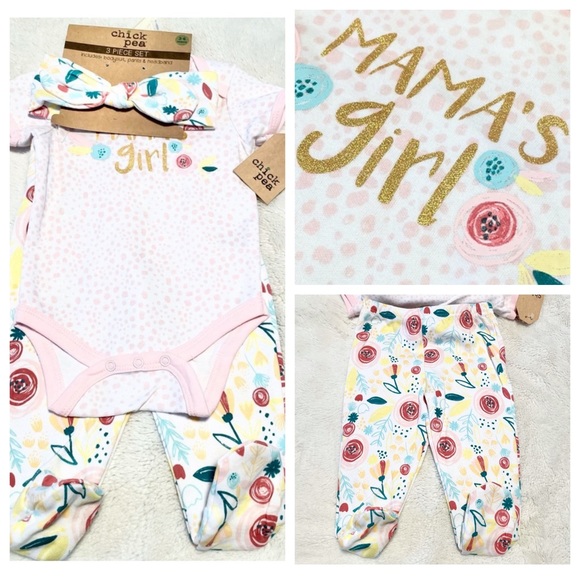 NWT Baby 3pc Shimmery Gold MAMA’S GIRL Onesie Set - Picture 6 of 6